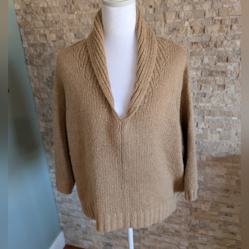 Gap Alpaca Blend Cropped Tan Shawl Neck Sweater Beige Quiet Luxury Minimal Lg